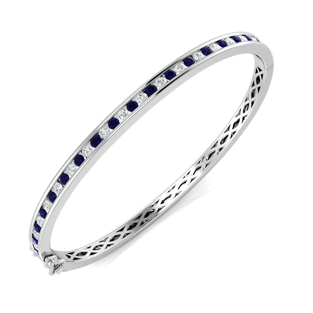 Blue Sapphire and Natural Diamond Channel Set Gemstone Bangle in 10K/14K gold and platinum with certified lab-grown or natural diamonds