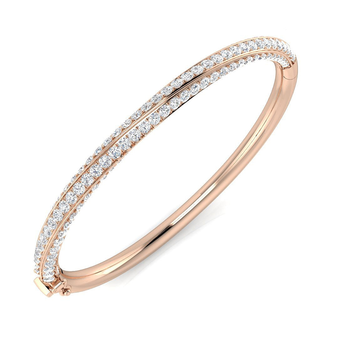 Natural Round Cut Diamond Pave Set Fancy Bangle with Hinged Box Lock in 10K/14K gold and platinum with certified lab-grown or natural diamonds