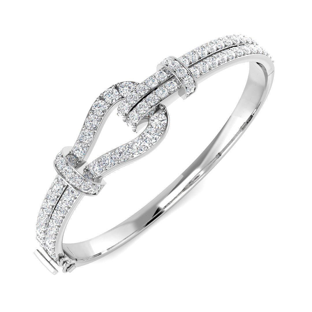 Premium Platinum Natural Round Cut Diamond Knot Design Fancy Bangle with Hinged Lock in 10K/14K gold and platinum with certified lab-grown or natural diamonds