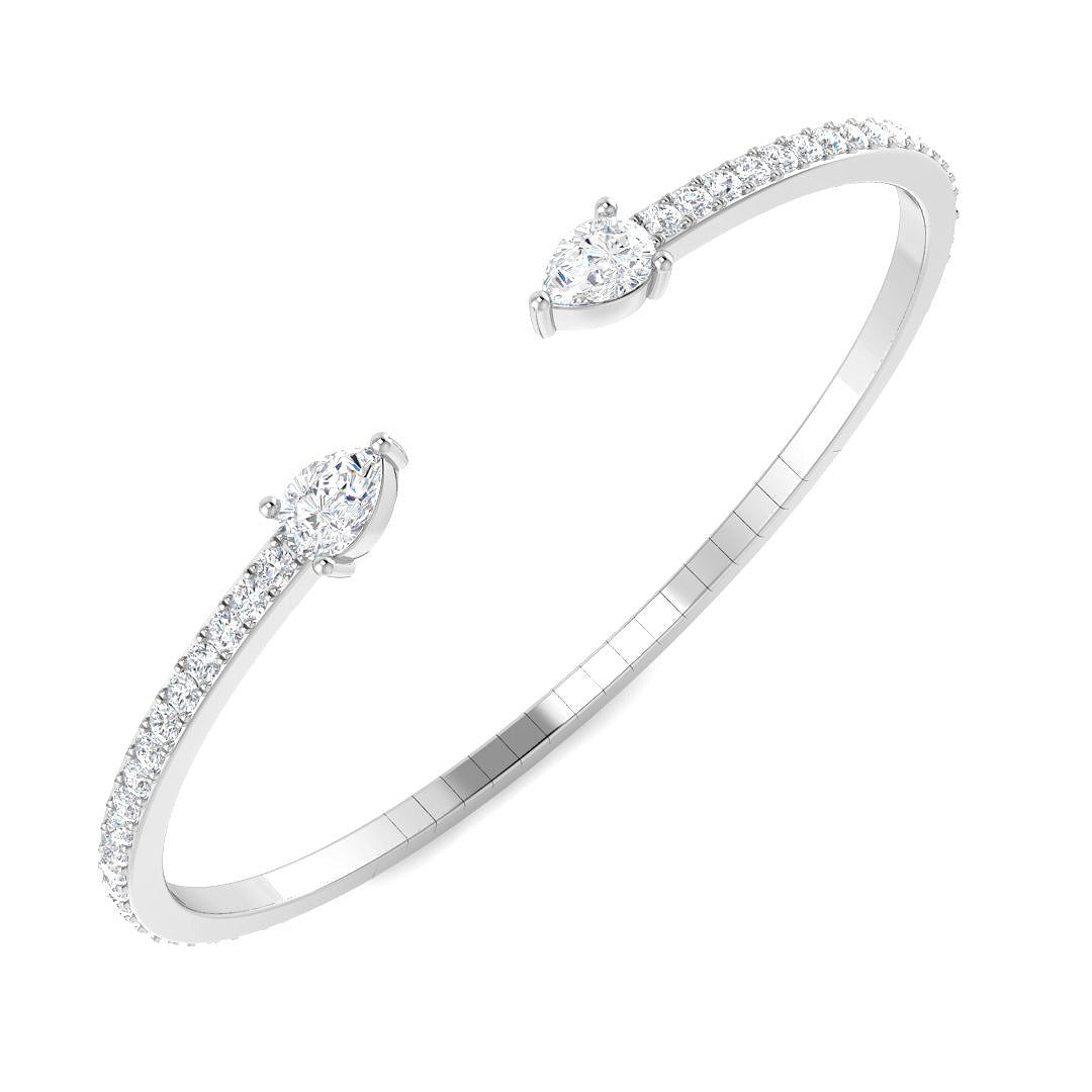 Natural Round Pave Open Cuff Diamond Bangle with Pear Solitaire Ends in 10K/14K gold and platinum with certified lab-grown or natural diamonds