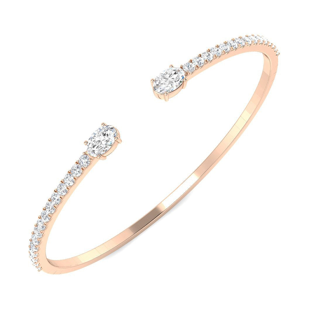 Natural Round Pave Open Cuff Diamond Bangle with Oval Solitaire Ends in 10K/14K gold and platinum with certified lab-grown or natural diamonds