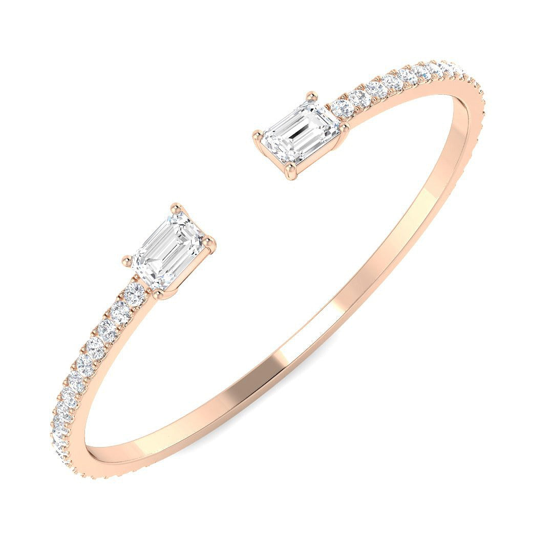 Natural Round Pave Open Cuff Diamond Bangle with Emerald Solitaire Ends in 10K/14K gold and platinum with certified lab-grown or natural diamonds
