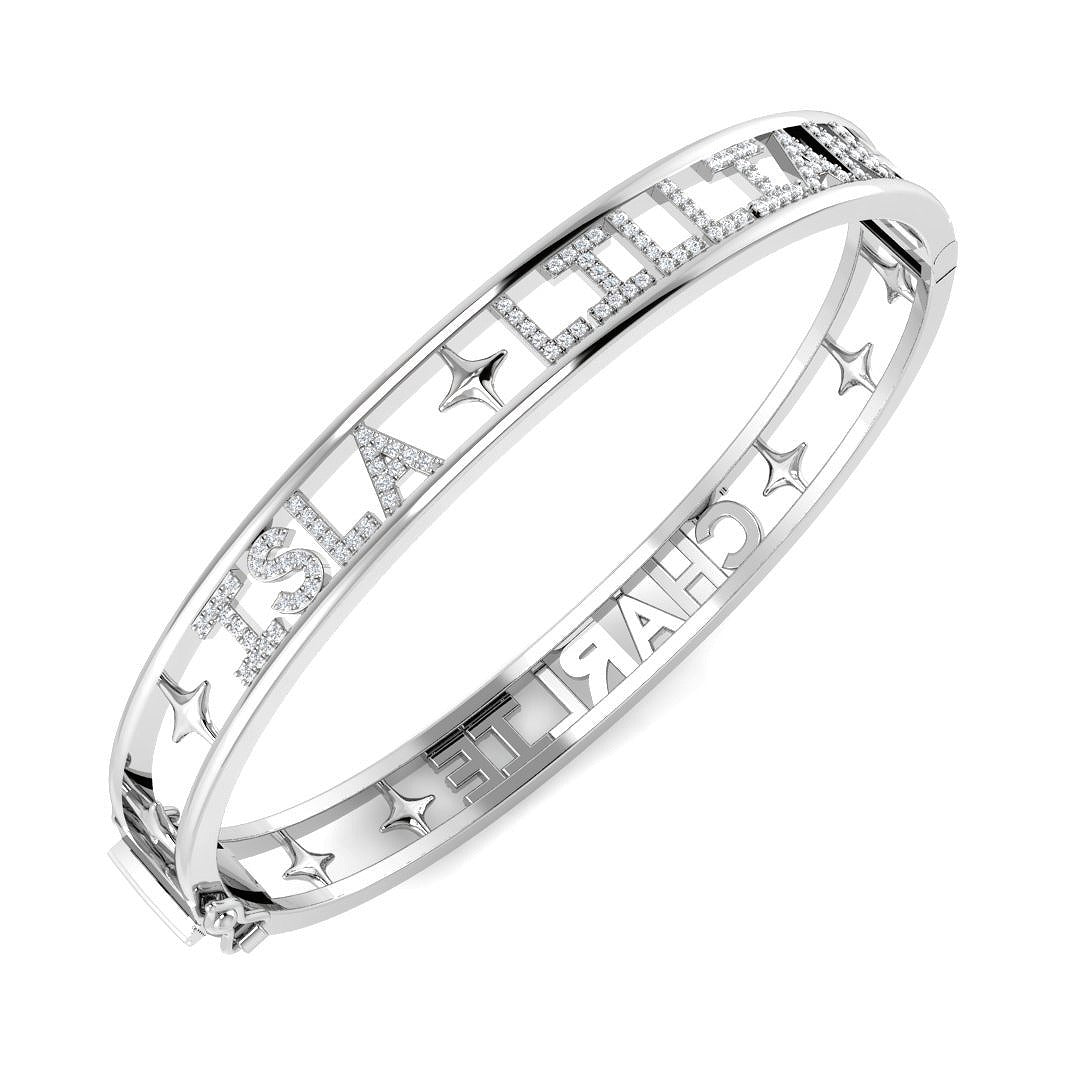Premium Platinum Lab Grown Round Cut Diamond Pave Custom Letter Bangle with Hinged Lock in 10K/14K gold and platinum with certified lab-grown or natural diamonds