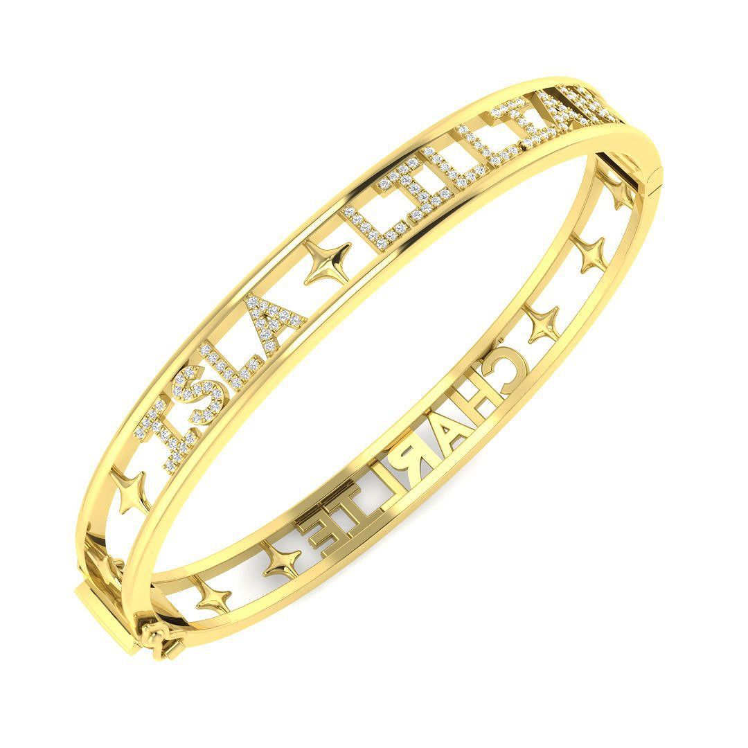 Premium Platinum Lab Grown Round Cut Diamond Pave Custom Letter Bangle with Hinged Lock in 10K/14K gold and platinum with certified lab-grown or natural diamonds