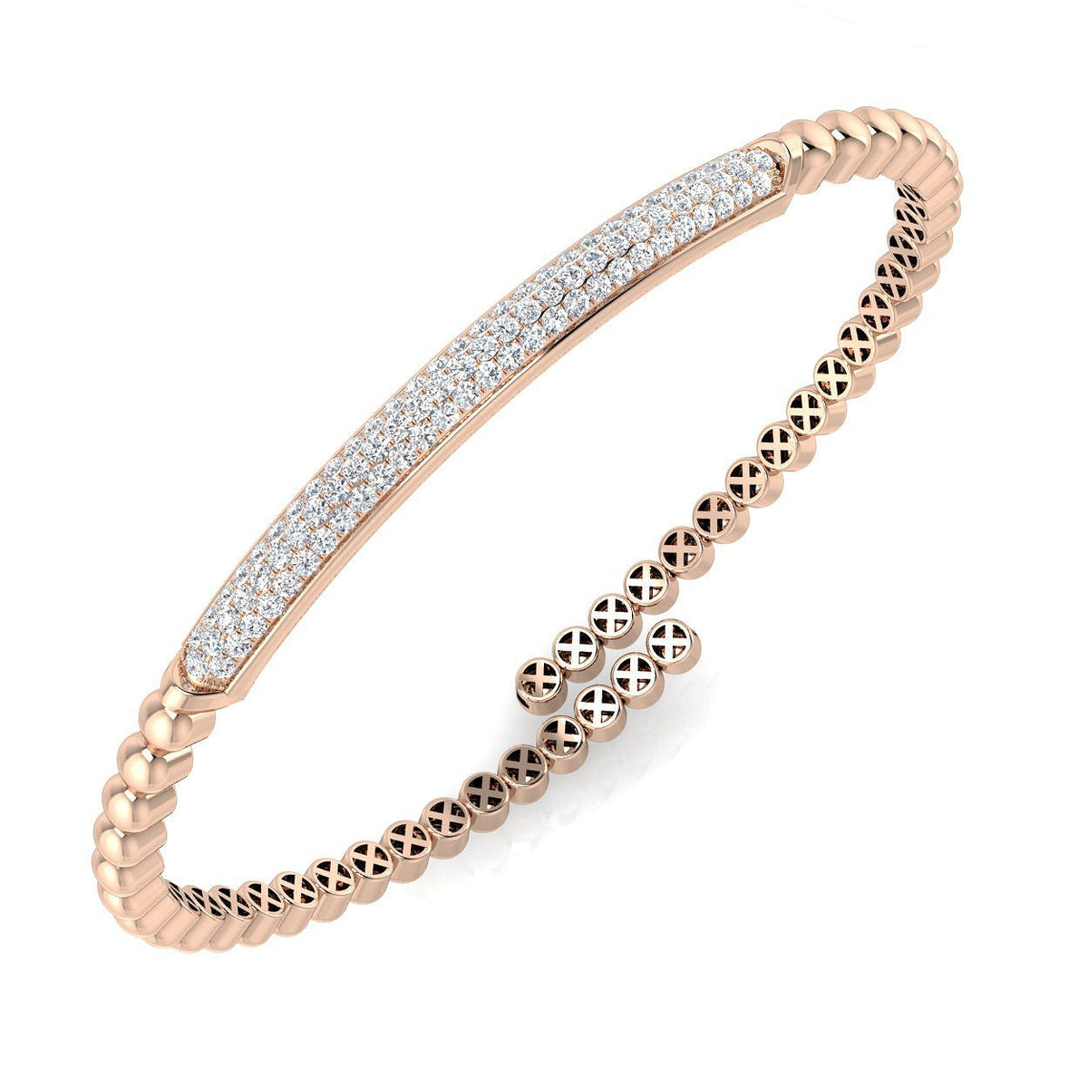 Round Cut Lab Grown Diamond Pave Set Fancy Bangle in Platinum with Hinged Box Lock in 10K/14K gold and platinum with certified lab-grown or natural diamonds