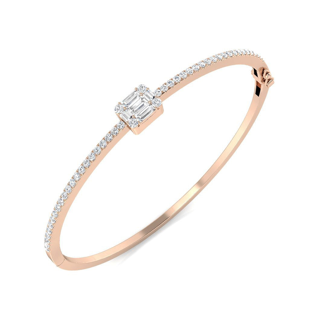 Lab Grown Baguette and Round Diamond Half Pave Bangle Bracelet in 10K/14K gold and platinum with certified lab-grown or natural diamonds