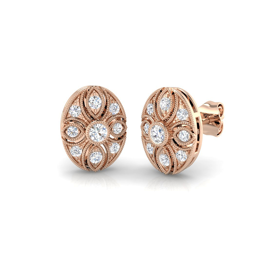 Lab & Natural Diamond Vintage Round Cut Stud Earrings in 10K/14K gold and platinum with certified lab-grown or natural diamonds