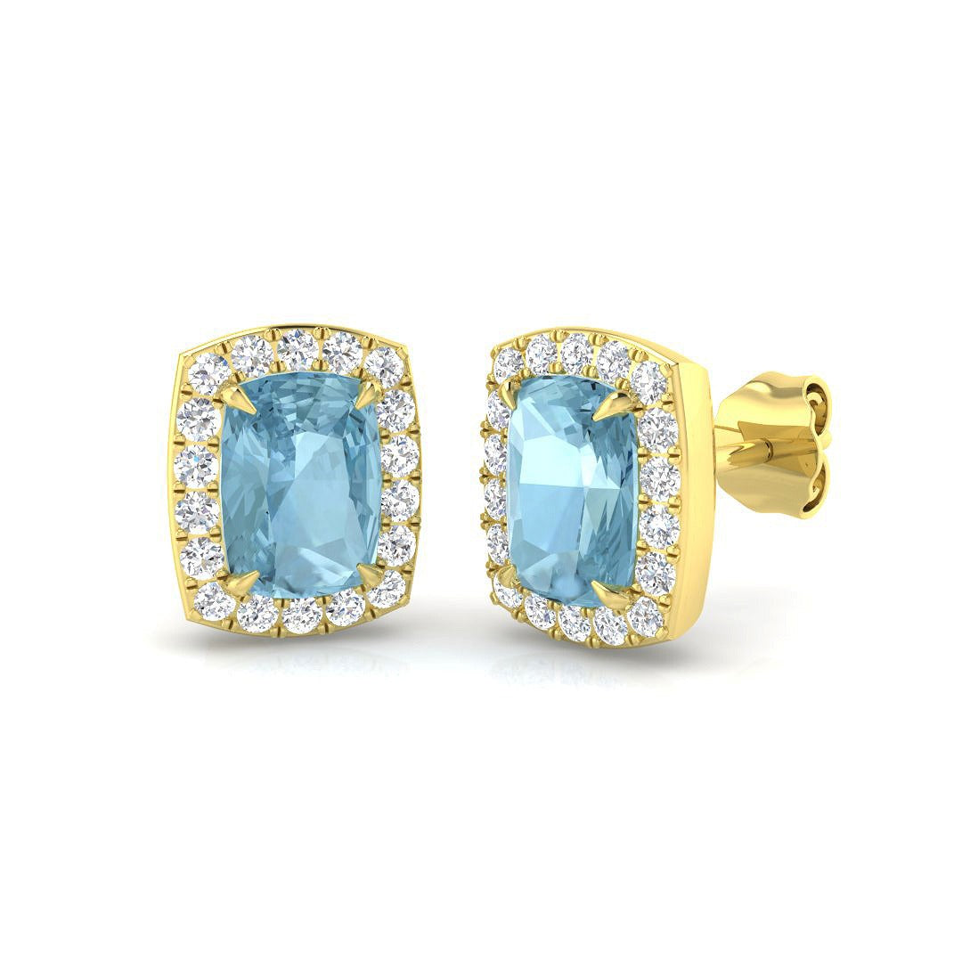 Aquamarine Halo Stud Earrings with Push Back Clasp in 10K/14K gold and platinum with certified lab-grown or natural diamonds