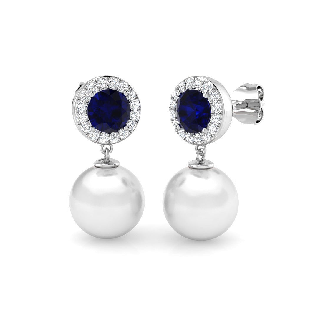 5.50ct Blue Sapphire Halo Pearl Diamond Earrings in 10K/14K gold and platinum with certified lab-grown or natural diamonds