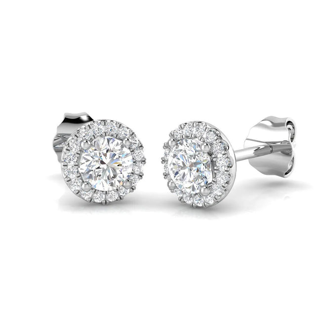 Stud Earrings with Round Diamond Halo Cluster - DE/VVS | 10K & 14K Gold, Platinum