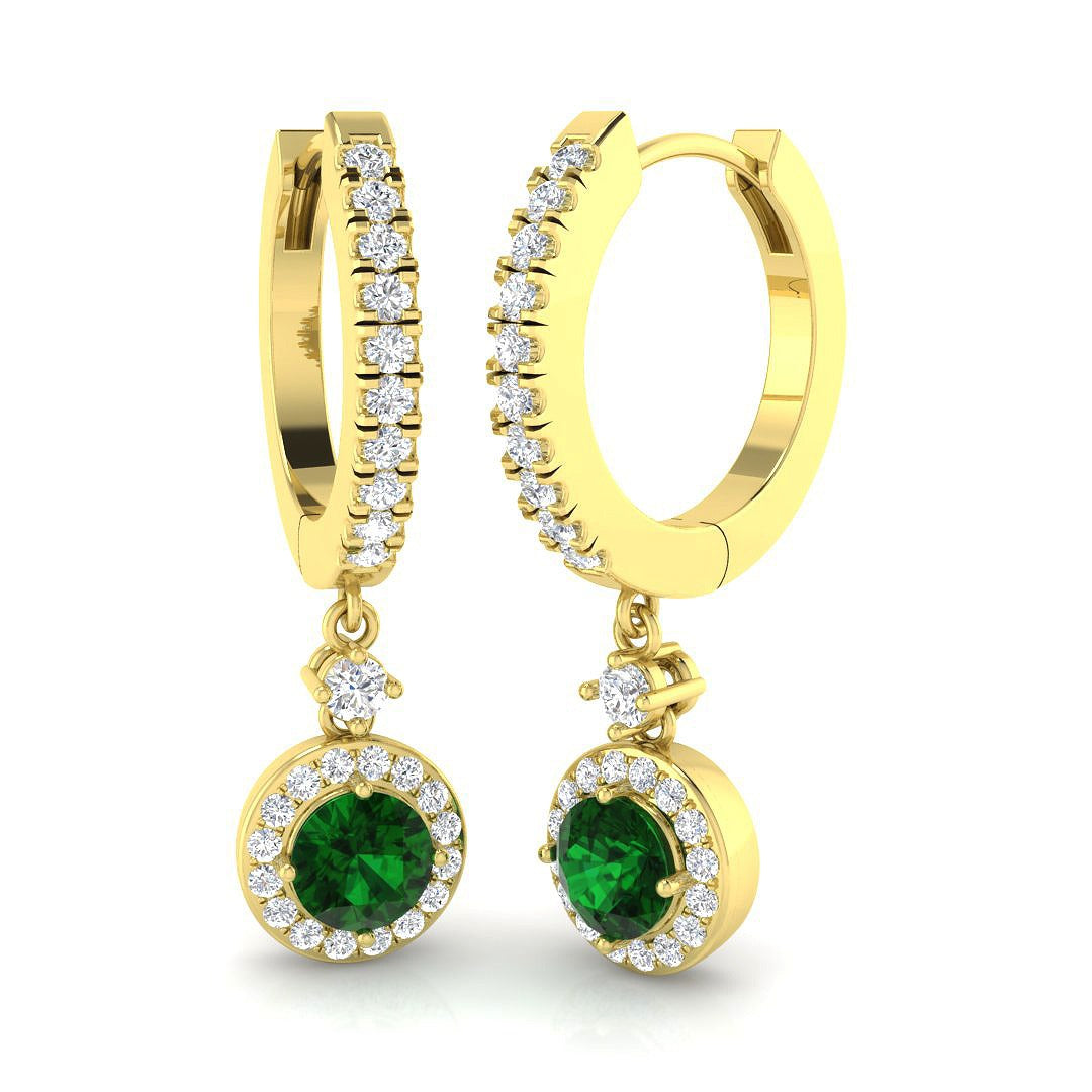 Green Emerald Halo Hoop Earrings with Pave Diamonds in 10K/14K gold and platinum with certified lab-grown or natural diamonds