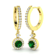 Green Emerald Halo Hoop Earrings with Pave Diamonds in 10K/14K gold and platinum with certified lab-grown or natural diamonds