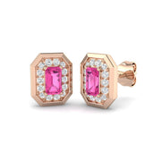 Pink Sapphire Halo Diamond Stud Earrings - Elegant Luxury Jewelry in 10K/14K gold and platinum with certified lab-grown or natural diamonds