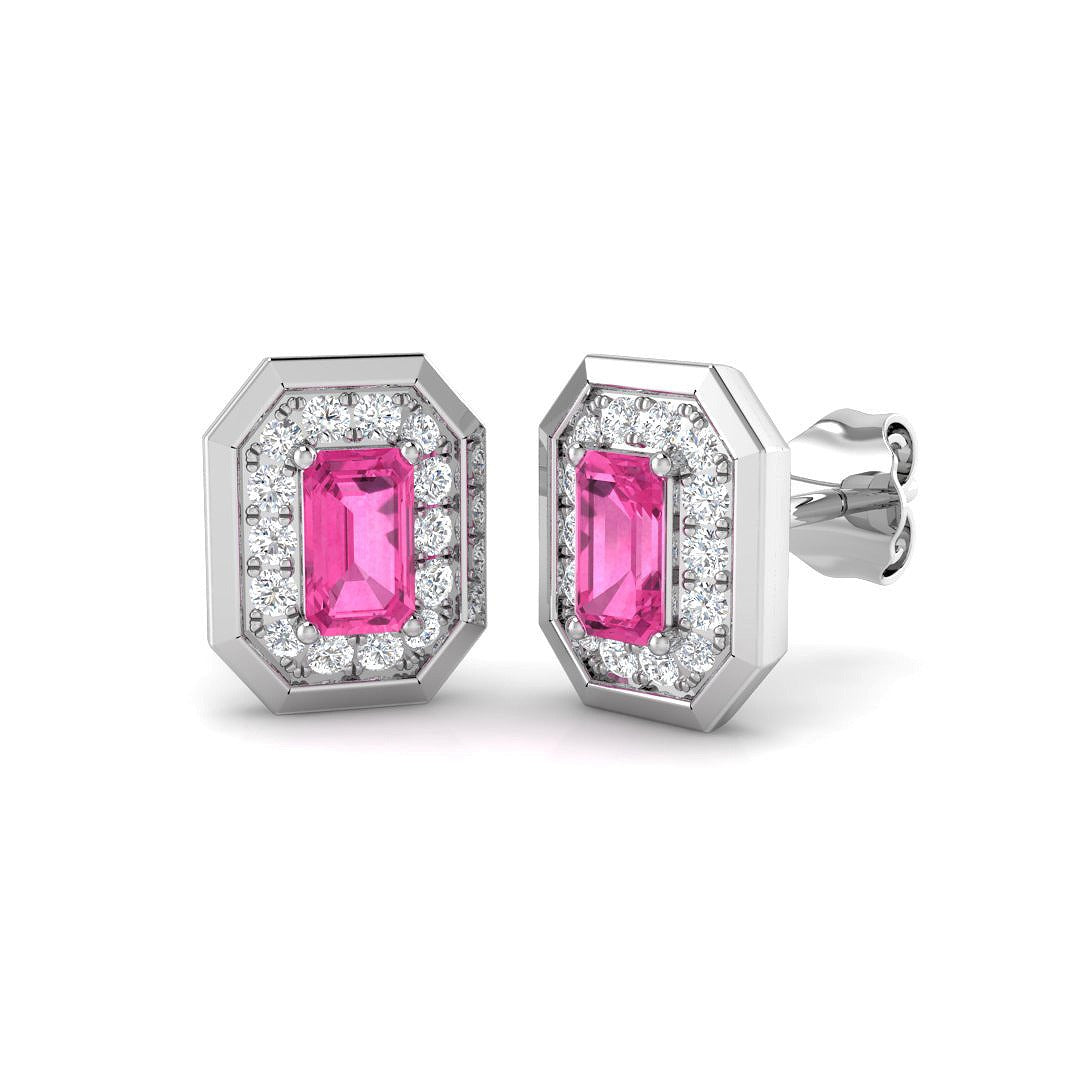 Pink Sapphire Halo Diamond Stud Earrings - Elegant Luxury Jewelry in 10K/14K gold and platinum with certified lab-grown or natural diamonds