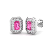 Pink Sapphire Halo Diamond Stud Earrings - Elegant Luxury Jewelry in 10K/14K gold and platinum with certified lab-grown or natural diamonds