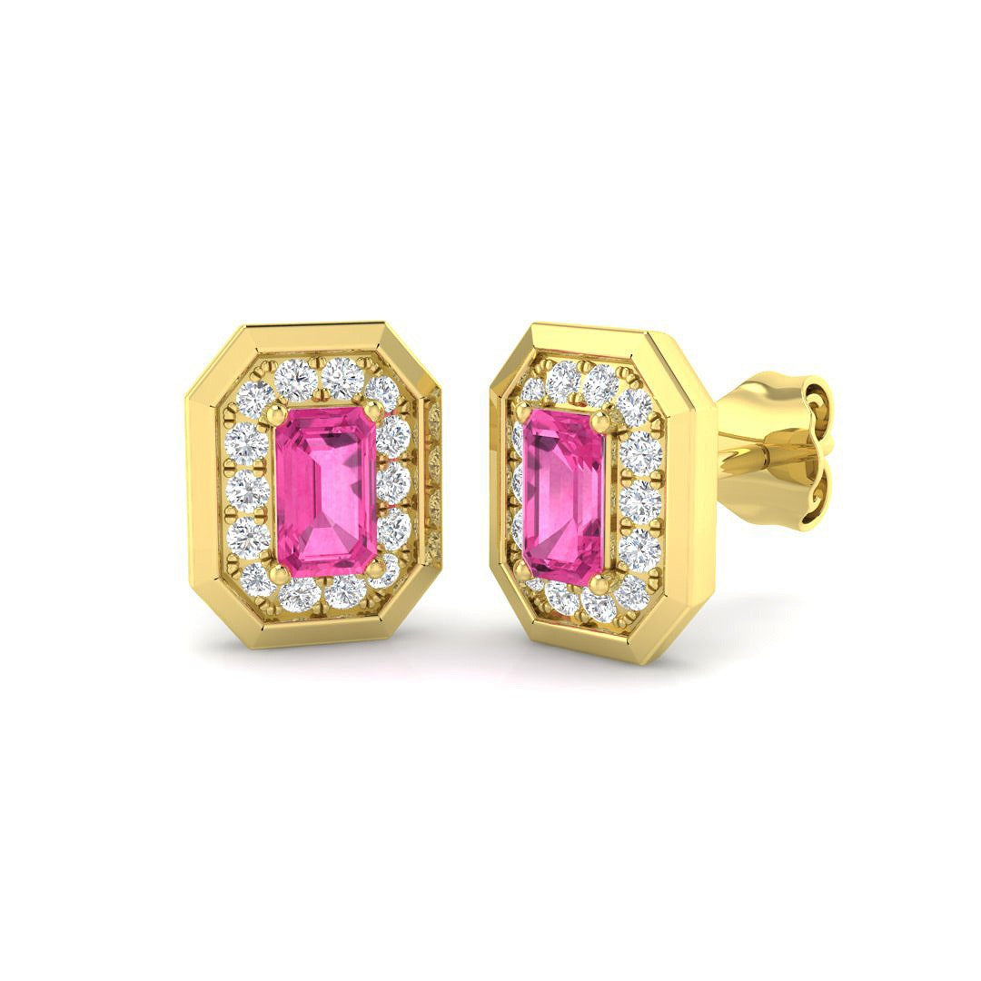 Pink Sapphire Halo Diamond Stud Earrings - Elegant Luxury Jewelry in 10K/14K gold and platinum with certified lab-grown or natural diamonds