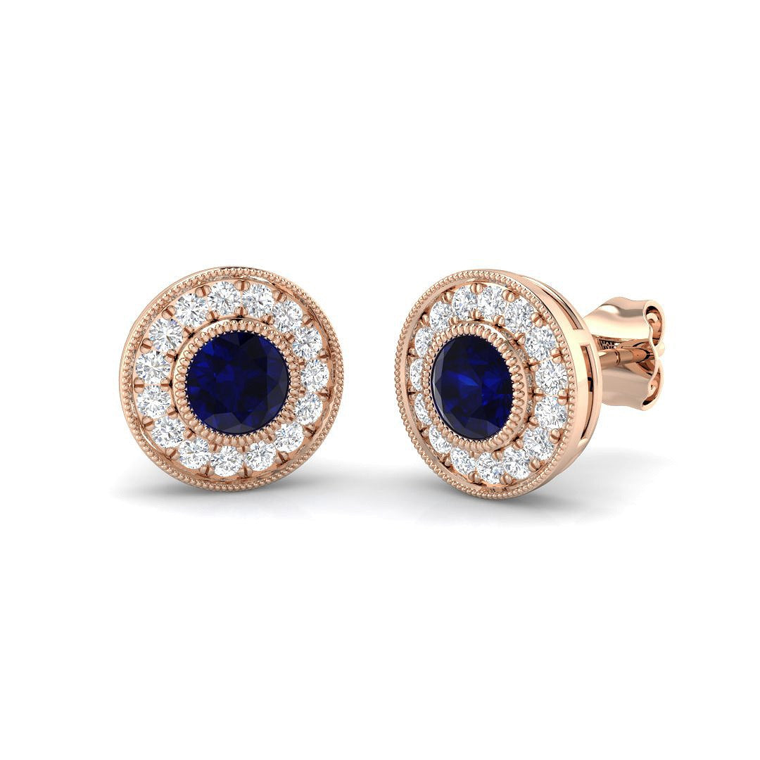 Round Blue Sapphire Halo Stud Earrings in Gold - Vintage Milgrain Stud in 10K/14K gold and platinum with certified lab-grown or natural diamonds
