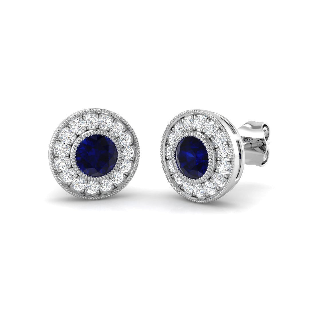 Round Blue Sapphire Halo Stud Earrings in Gold - Vintage Milgrain Stud in 10K/14K gold and platinum with certified lab-grown or natural diamonds