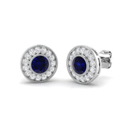 Round Blue Sapphire Halo Stud Earrings in Gold - Vintage Milgrain Stud in 10K/14K gold and platinum with certified lab-grown or natural diamonds