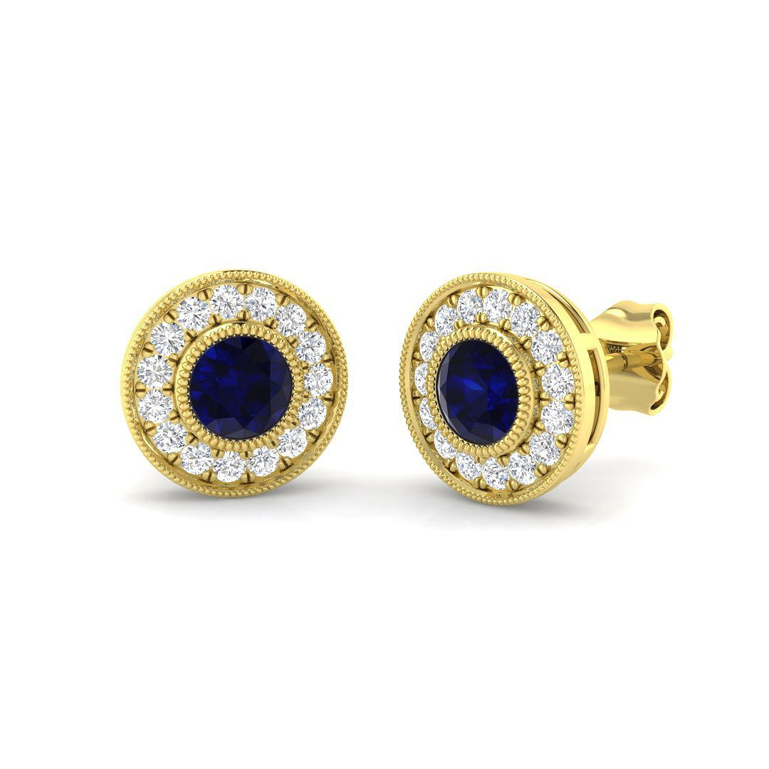 Round Blue Sapphire Halo Stud Earrings in Gold - Vintage Milgrain Stud in 10K/14K gold and platinum with certified lab-grown or natural diamonds