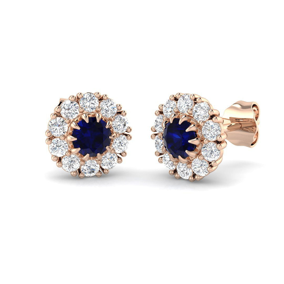 Blue Sapphire Halo Stud Earrings in 10K/14K gold and platinum with certified lab-grown or natural diamonds