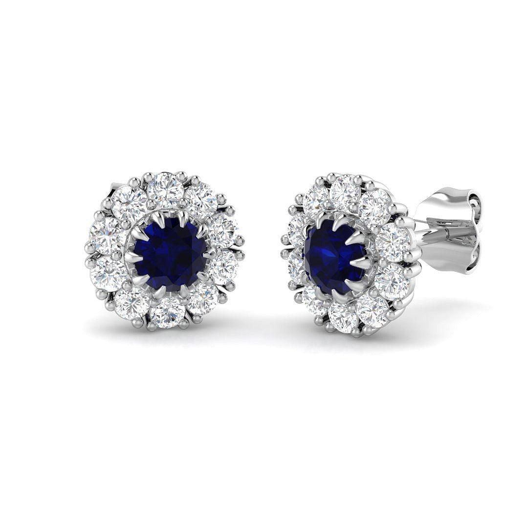 Blue Sapphire Halo Stud Earrings in 10K/14K gold and platinum with certified lab-grown or natural diamonds