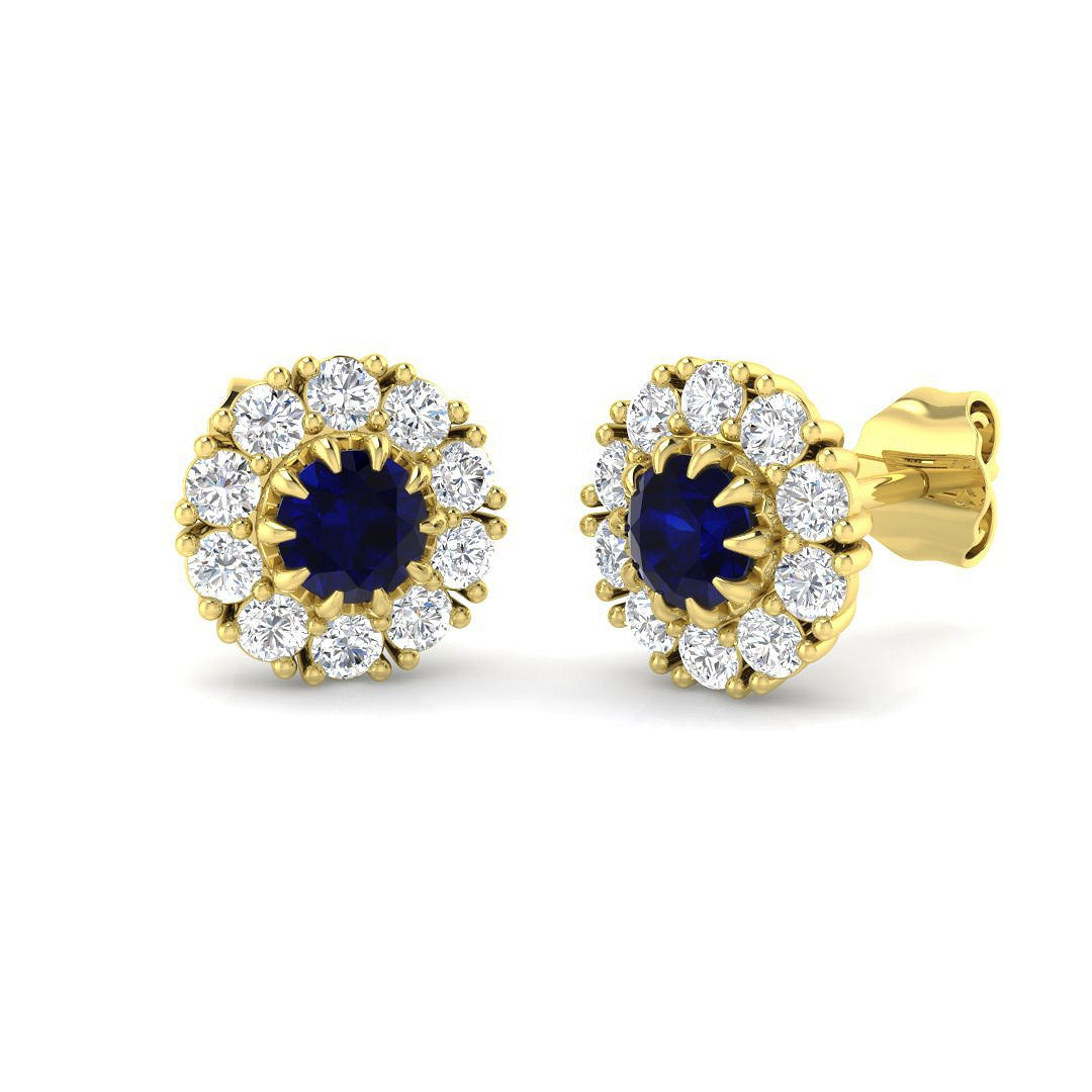 Blue Sapphire Halo Stud Earrings in 10K/14K gold and platinum with certified lab-grown or natural diamonds