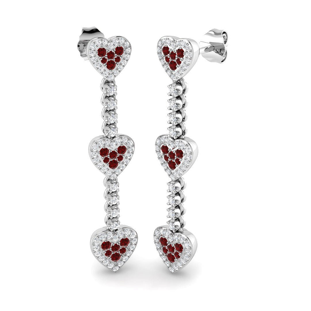 Round Cut Ruby Gemstone Drop Earrings in Heart Style in 10K/14K gold and platinum with certified lab-grown or natural diamonds