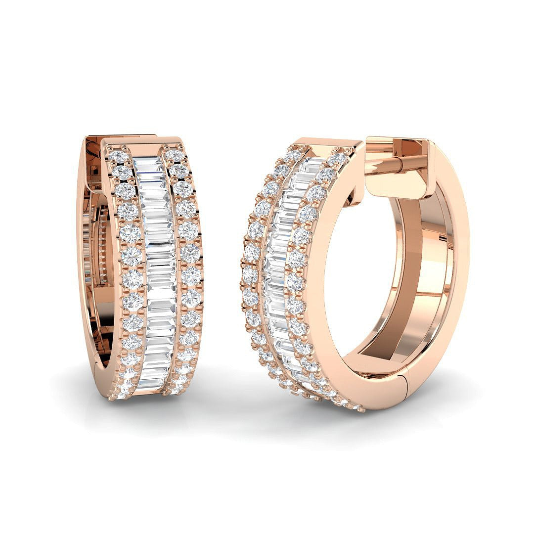 Hoop Earrings with Triple Row Diamonds - Baguette & Brilliant 0.5ct in 10K/14K gold and platinum with certified lab-grown or natural diamonds