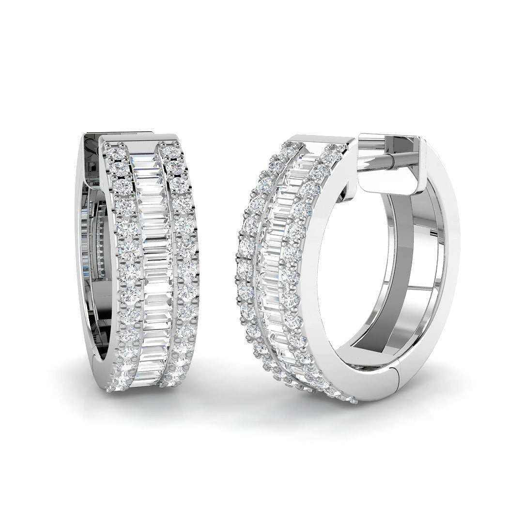 Hoop Earrings with Triple Row Diamonds - Baguette & Brilliant 0.5ct in 10K/14K gold and platinum with certified lab-grown or natural diamonds
