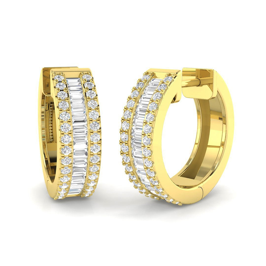 Hoop Earrings with Triple Row Diamonds - Baguette & Brilliant 0.5ct in 10K/14K gold and platinum with certified lab-grown or natural diamonds