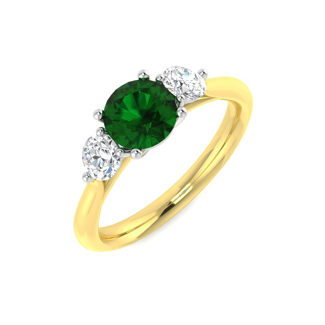 Emerald Solitaire with Round Side Stone Ring in 10K/14K gold and platinum with certified lab-grown or natural diamonds
