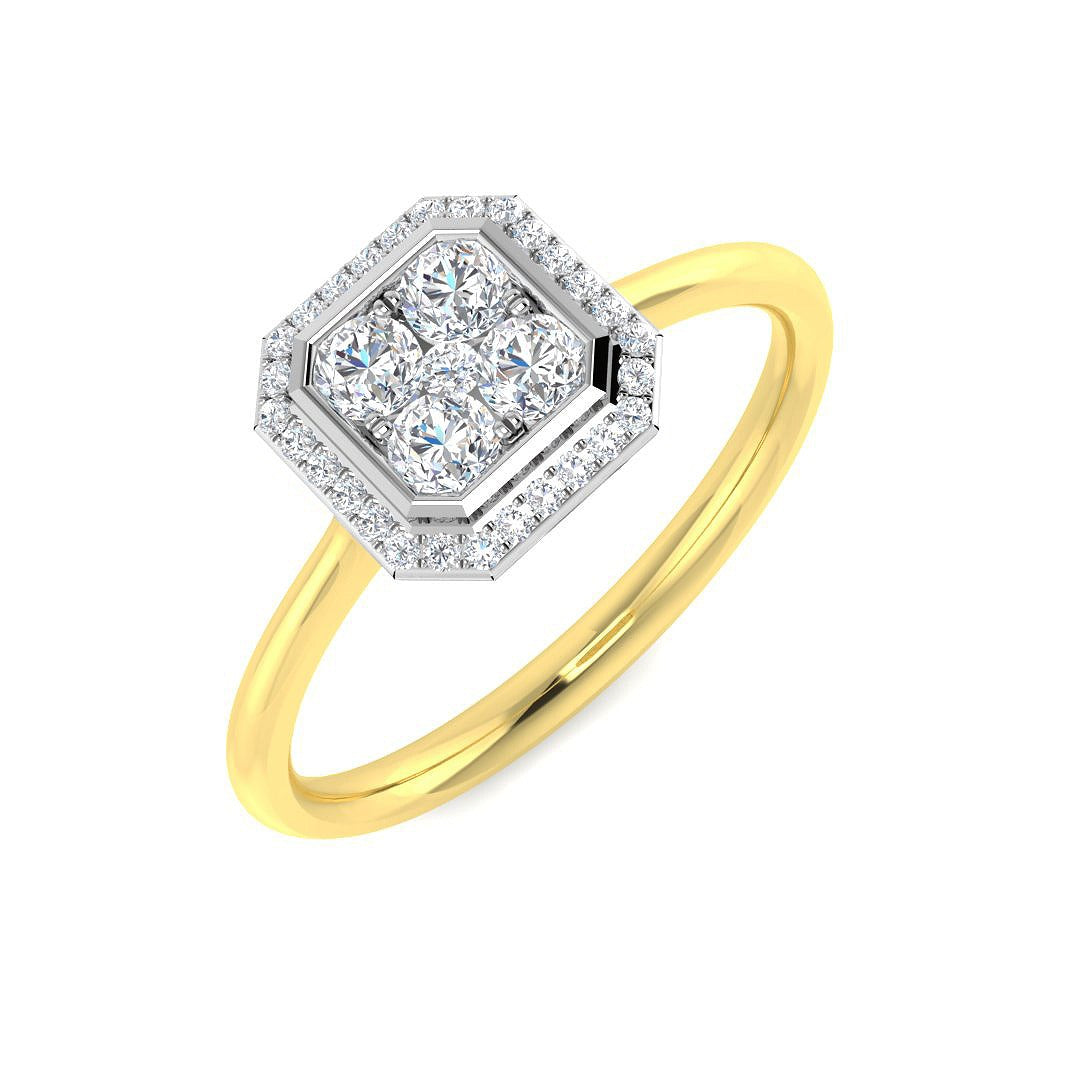Hexagon Double Halo Cluster Ring with Round Lab Grown Diamonds in 10K/14K gold and platinum with certified lab-grown or natural diamonds