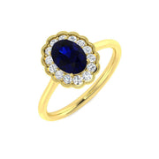 Vintage Oval Blue Sapphire Scalloped Halo Diamond Engagement Ring in 10K/14K gold and platinum with certified lab-grown or natural diamonds