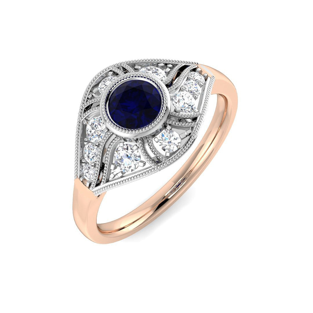 Vintage Blue Sapphire Halo Ring in Milgrain Round Pave Set in 10K/14K gold and platinum with certified lab-grown or natural diamonds