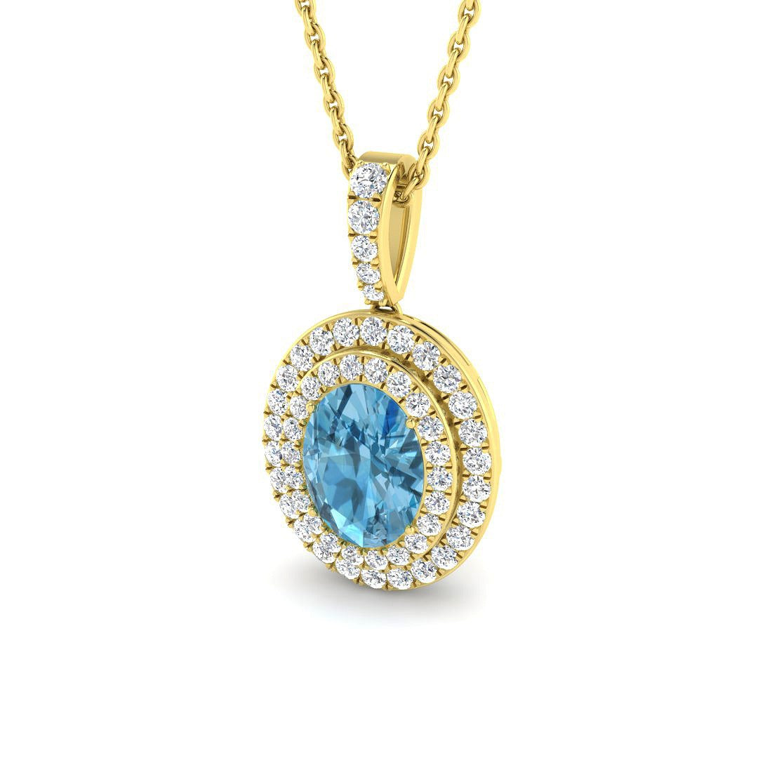 Oval Blue Topaz Double Halo Diamond Pendant Necklace in 10K/14K gold and platinum with certified lab-grown or natural diamonds