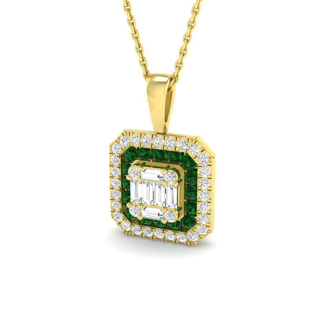 Emerald Pendant Necklace with Diamond Halo Cluster Design (Without Chain) in 10K/14K gold and platinum with certified lab-grown or natural diamonds