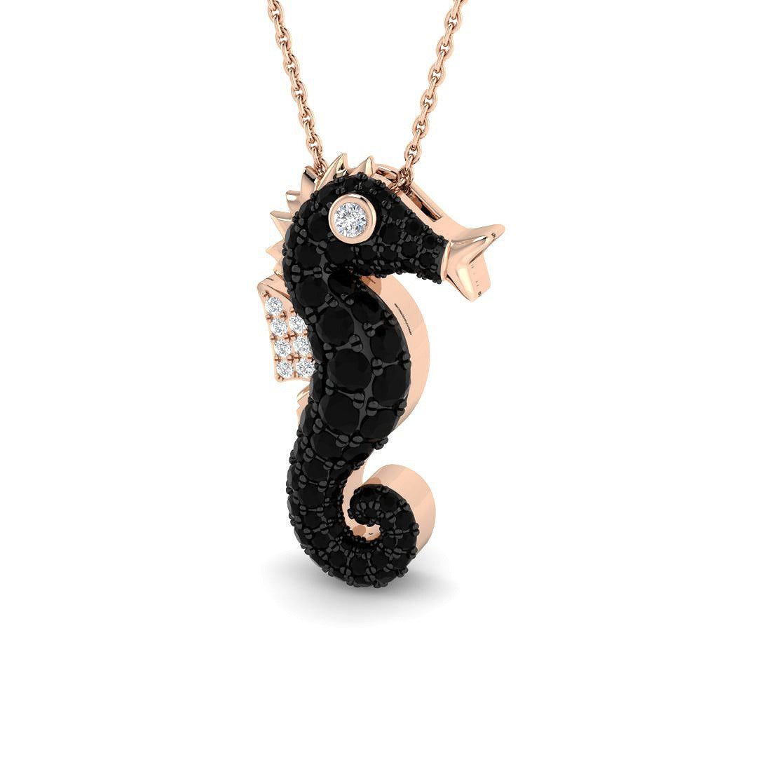 Black Diamond Seahorse Pendant 1.25ct in Gold & Platinum Without Chain in 10K/14K gold and platinum with certified lab-grown or natural diamonds