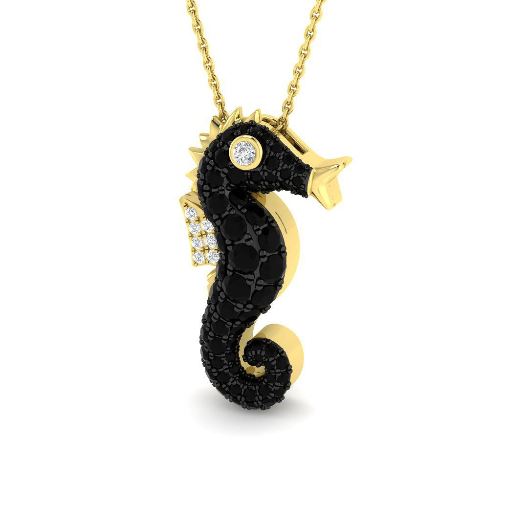 Black Diamond Seahorse Pendant 1.25ct in Gold & Platinum Without Chain in 10K/14K gold and platinum with certified lab-grown or natural diamonds