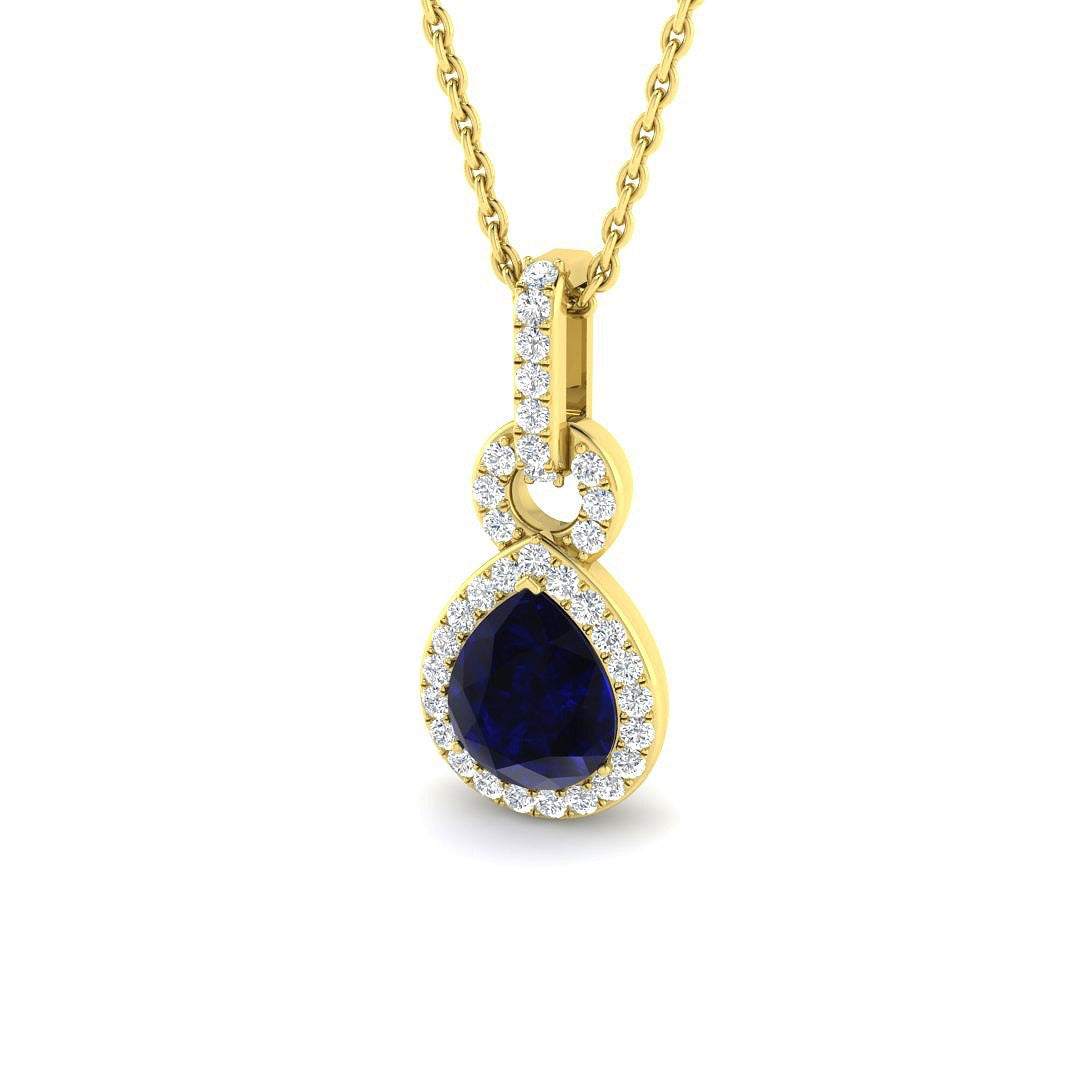 Blue Sapphire Pendant Necklace with Pear Halo in 10K/14K gold and platinum with certified lab-grown or natural diamonds