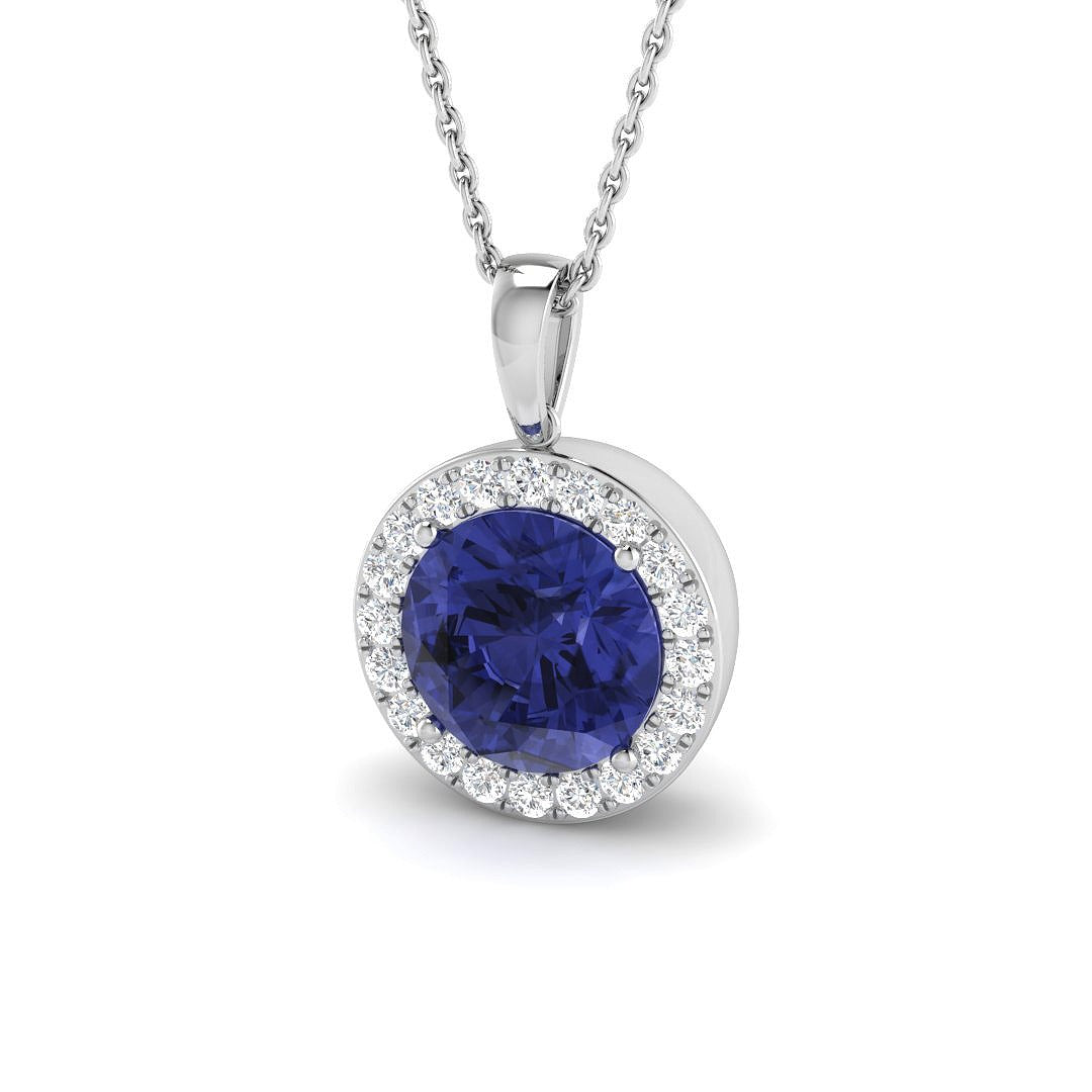 Round Tanzanite Diamond Halo Pendant Necklace in 10K/14K gold and platinum with certified lab-grown or natural diamonds