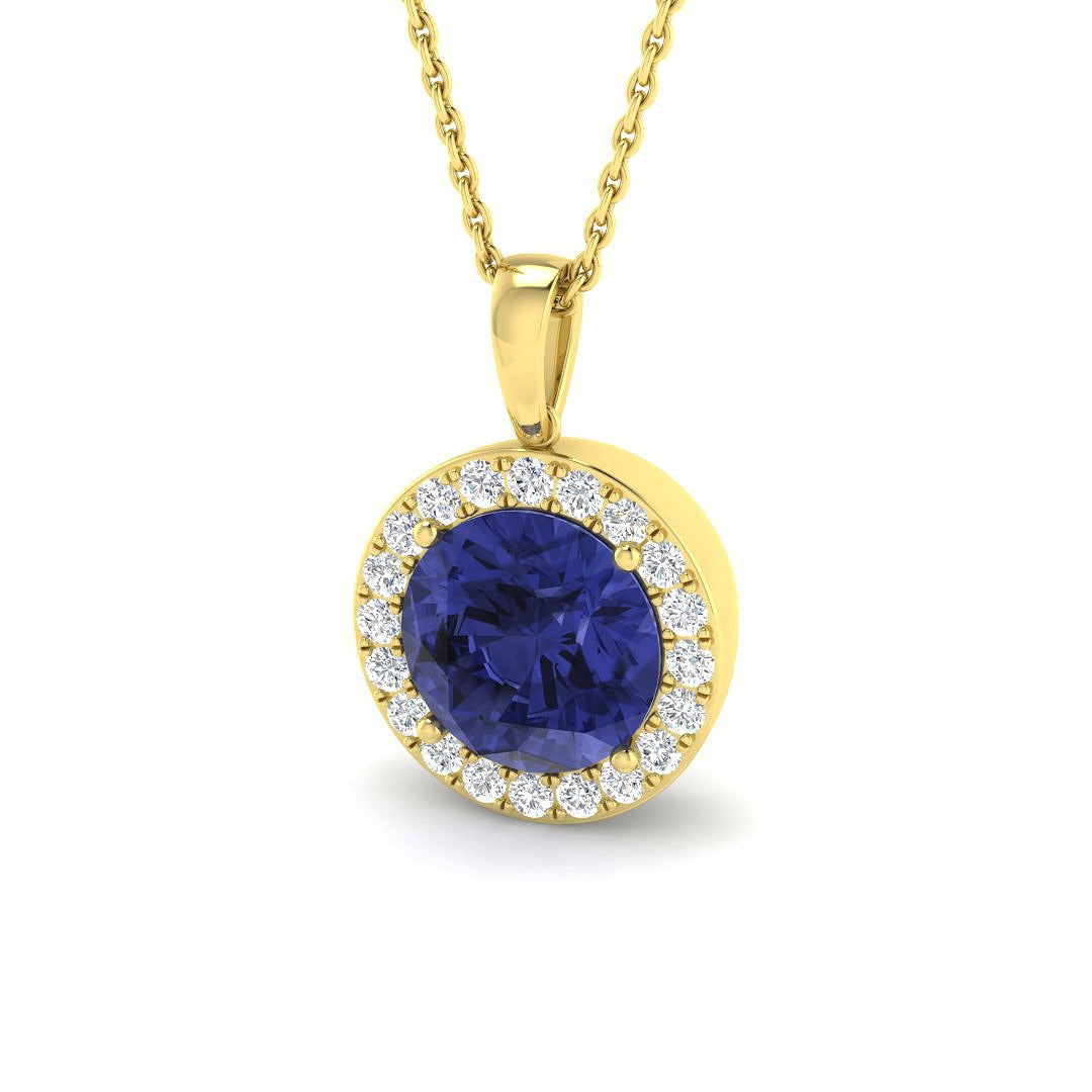 Round Tanzanite Diamond Halo Pendant Necklace in 10K/14K gold and platinum with certified lab-grown or natural diamonds