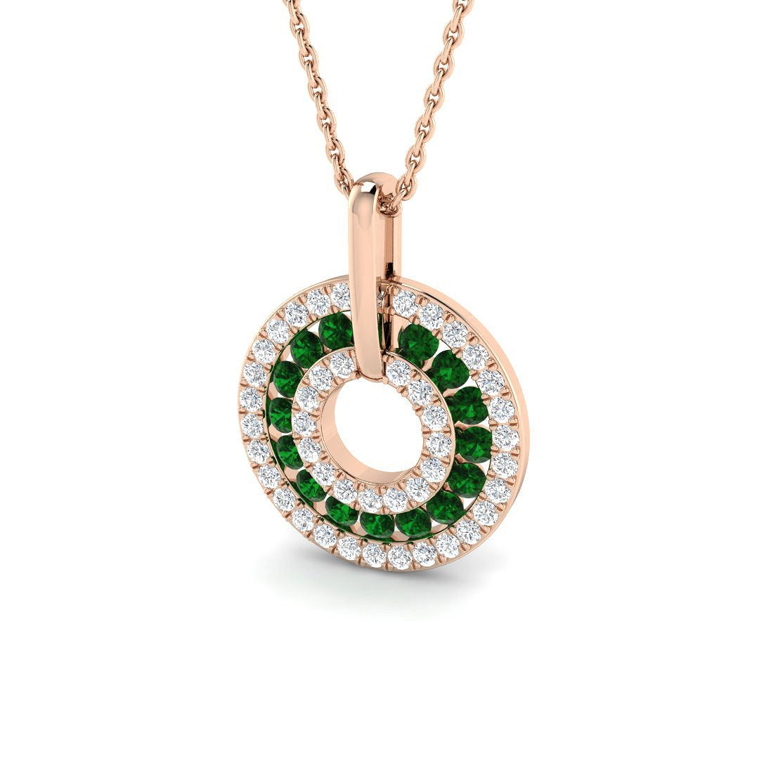 Emerald Double Halo Circle Pendant Necklace Without Chain - UK Made in 10K/14K gold and platinum with certified lab-grown or natural diamonds