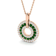 Emerald Double Halo Circle Pendant Necklace Without Chain - UK Made in 10K/14K gold and platinum with certified lab-grown or natural diamonds