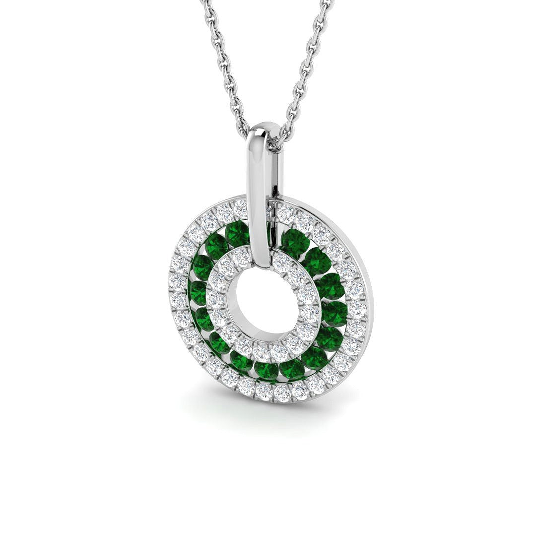 Emerald Double Halo Circle Pendant Necklace Without Chain - UK Made in 10K/14K gold and platinum with certified lab-grown or natural diamonds