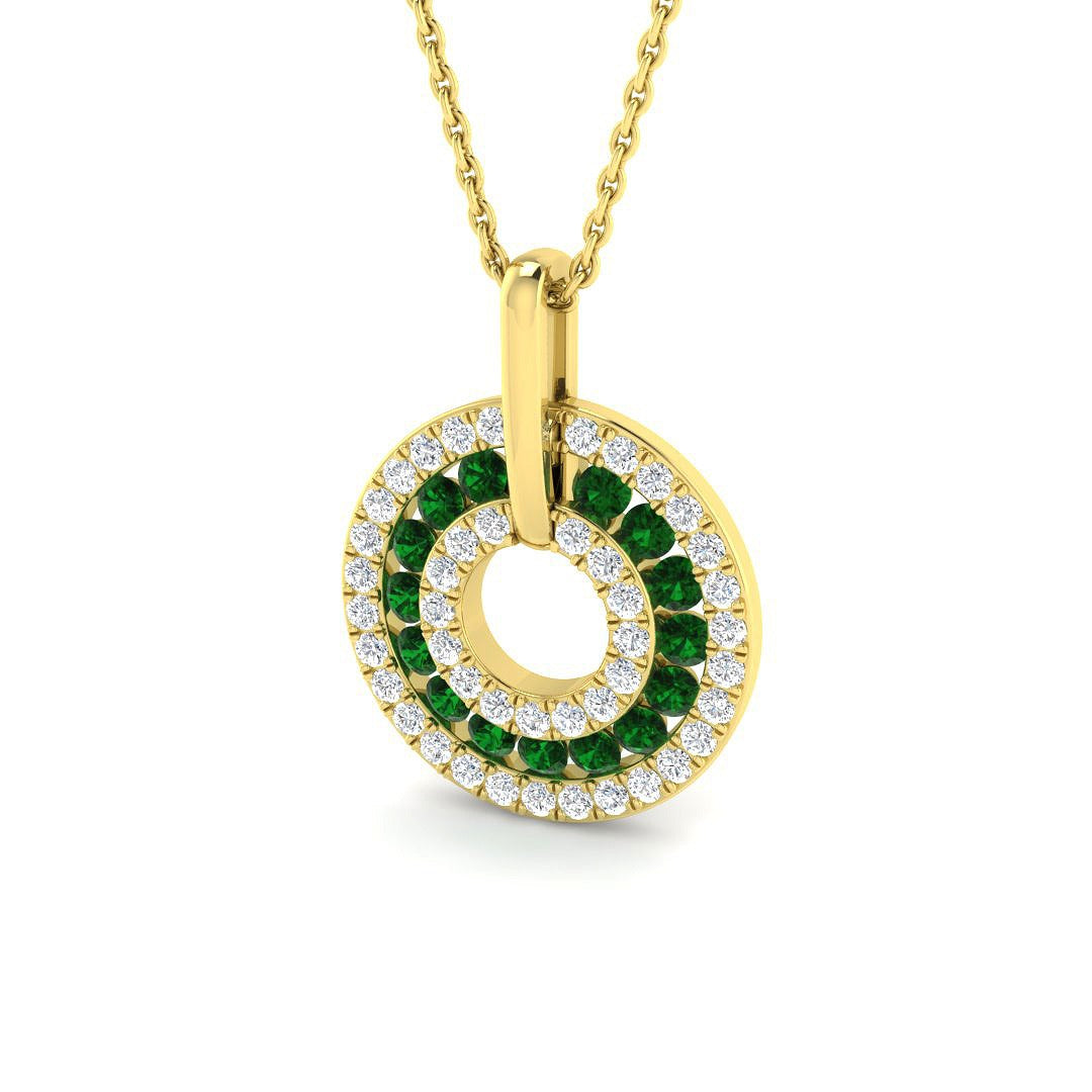 Emerald Double Halo Circle Pendant Necklace Without Chain - UK Made in 10K/14K gold and platinum with certified lab-grown or natural diamonds