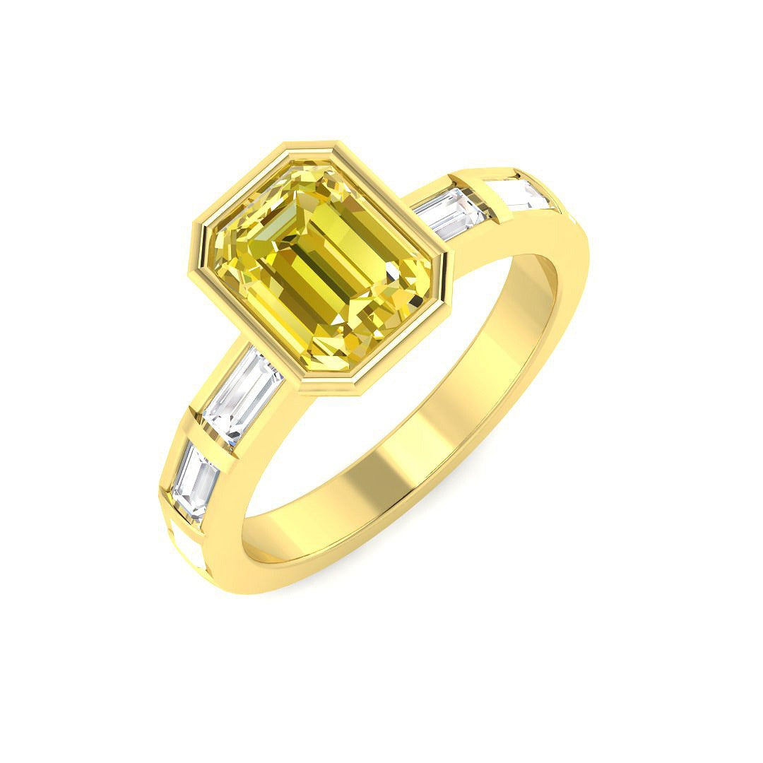 Natural Emerald Cut Yellow Diamond Bezel Set Engagement Ring with Baguette Side Stones in 10K/14K gold and platinum with certified lab-grown or natural diamonds