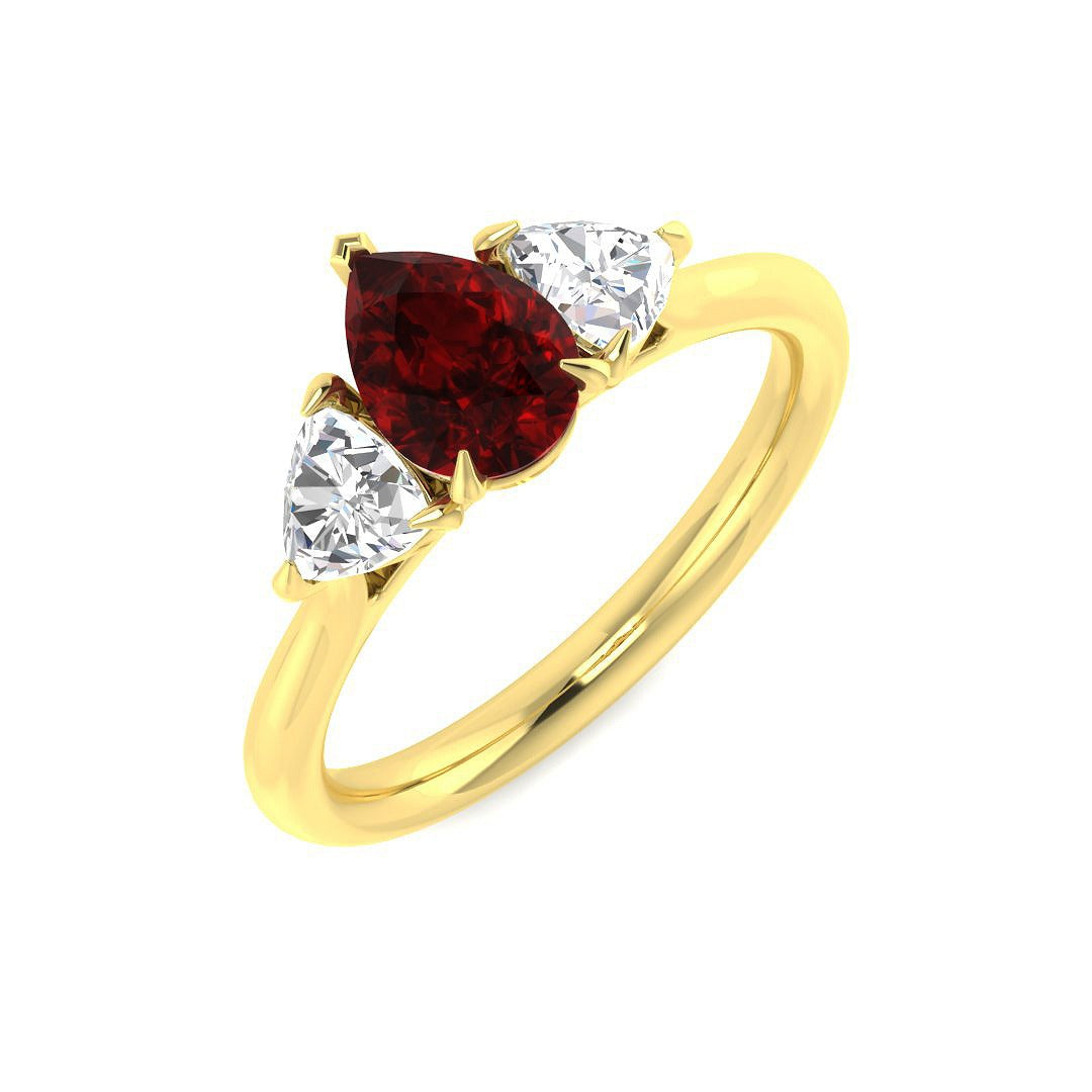 Ruby Trilogy Ring with Pear Cut Ruby & Trillion Diamond Side Stones in 10K/14K gold and platinum with certified lab-grown or natural diamonds