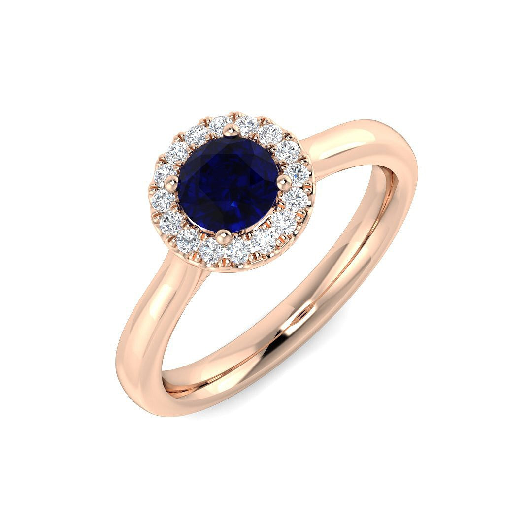 Diamond Blue Sapphire Halo Ring with Round Natural Pave Diamond in 10K/14K gold and platinum with certified lab-grown or natural diamonds