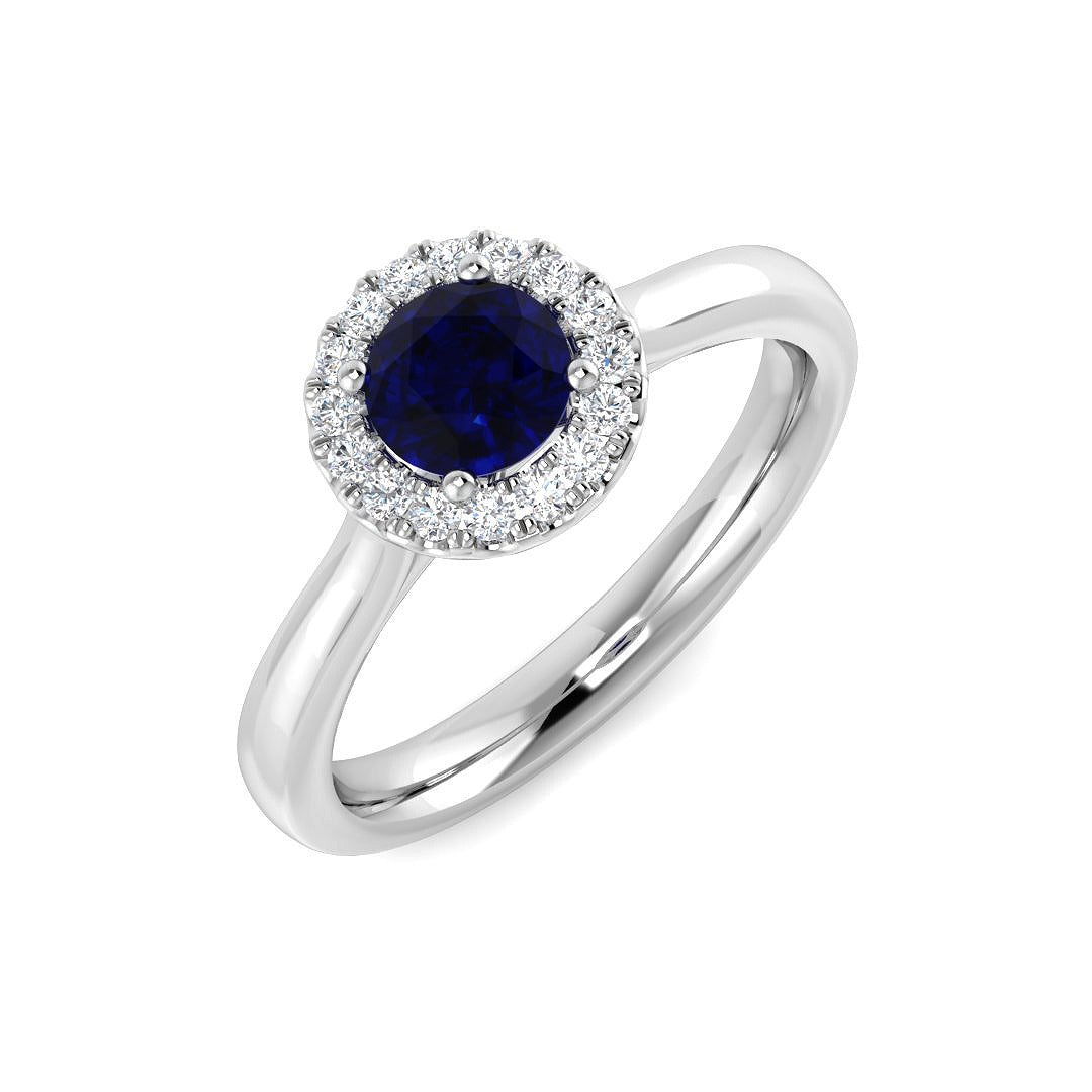Diamond Blue Sapphire Halo Ring with Round Natural Pave Diamond in 10K/14K gold and platinum with certified lab-grown or natural diamonds